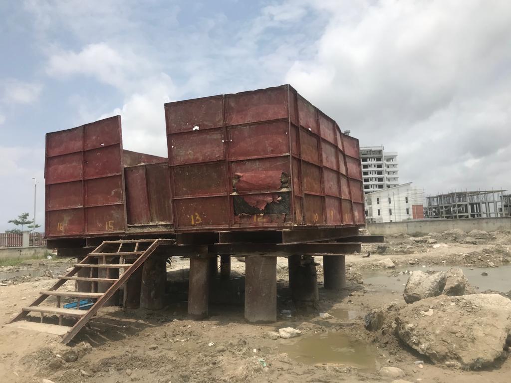 Kentledge reaction platform set up over a test pile on a Lagos construction site