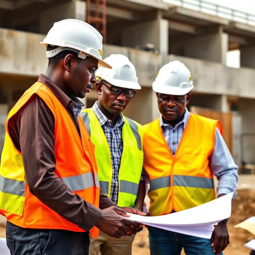 Nigerian site engineers reviewing architectural drawings on site