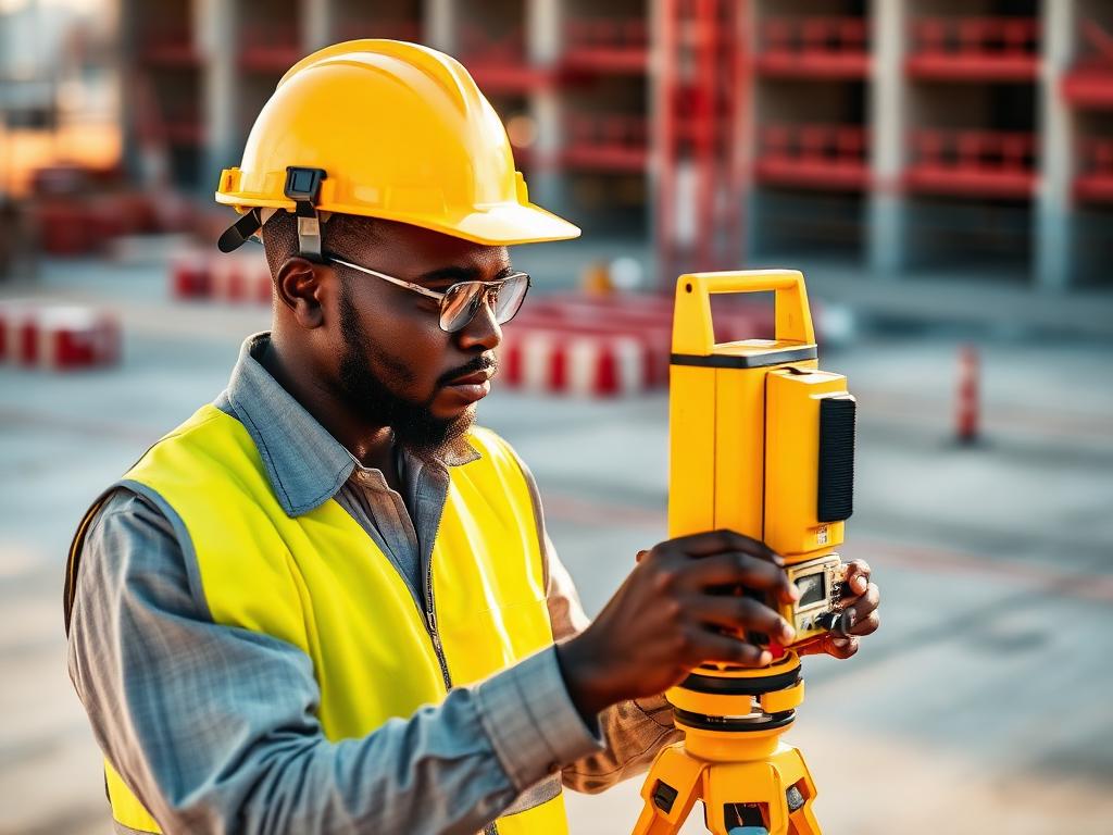 Site surveyor operating a theodolite on a GTGABOD construction site