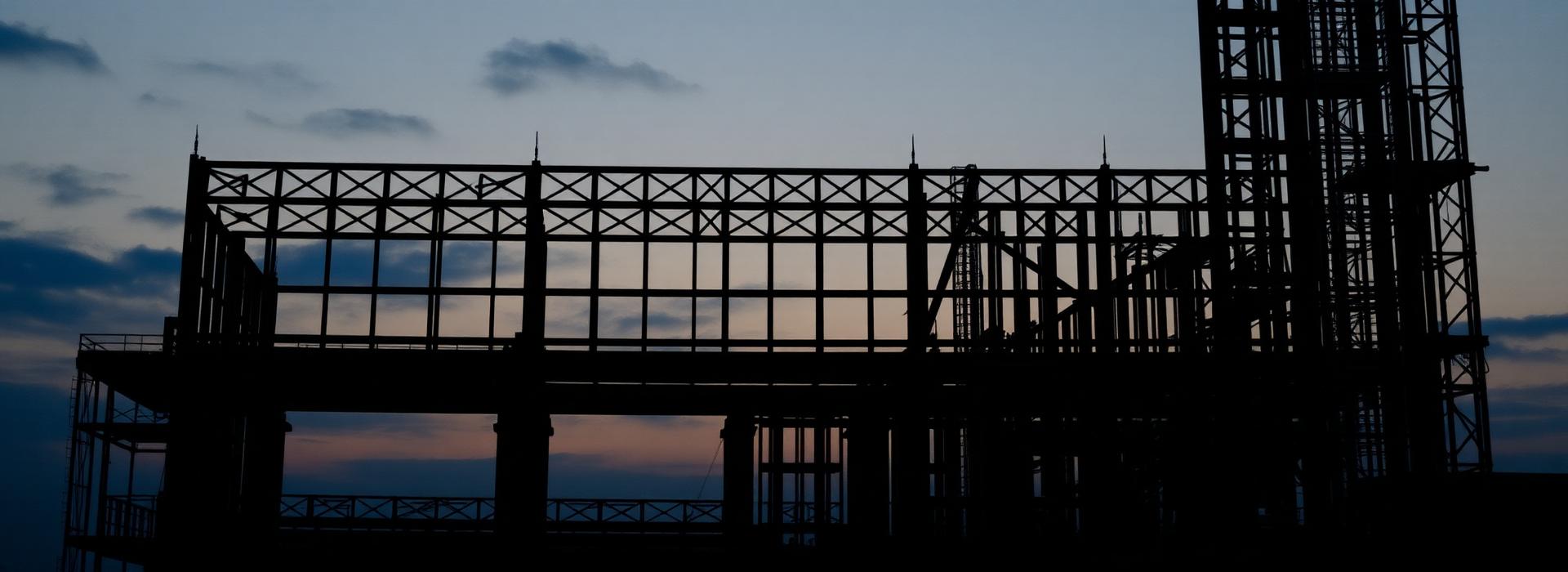 Steel frame of a building at dusk