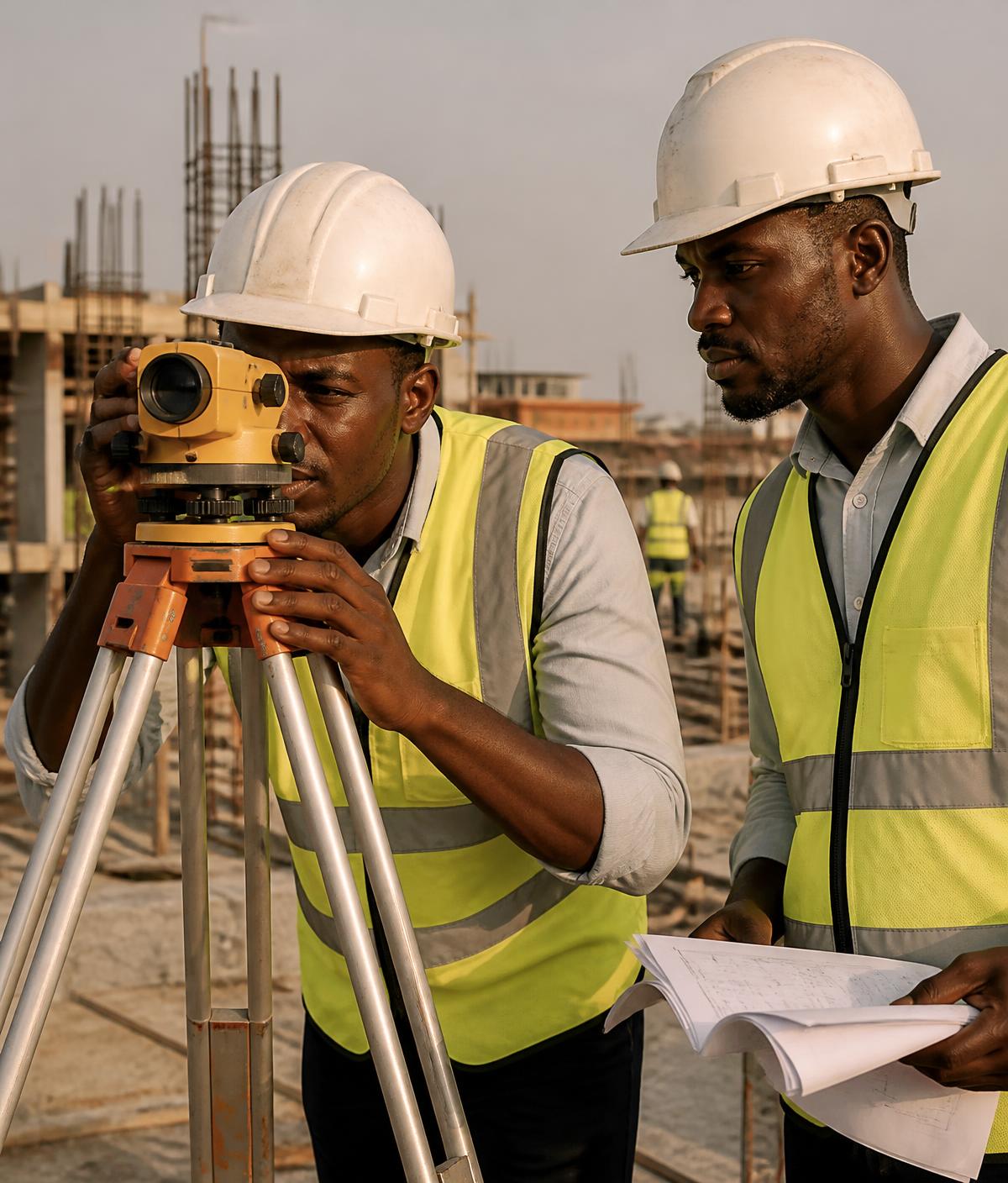 Surveyors setting out levels on a construction site