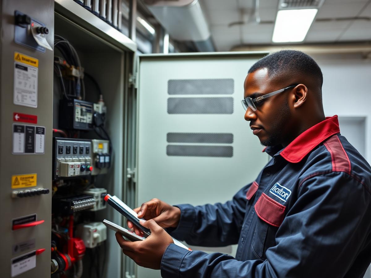 Maintenance technician servicing an electrical distribution panel in a plant room