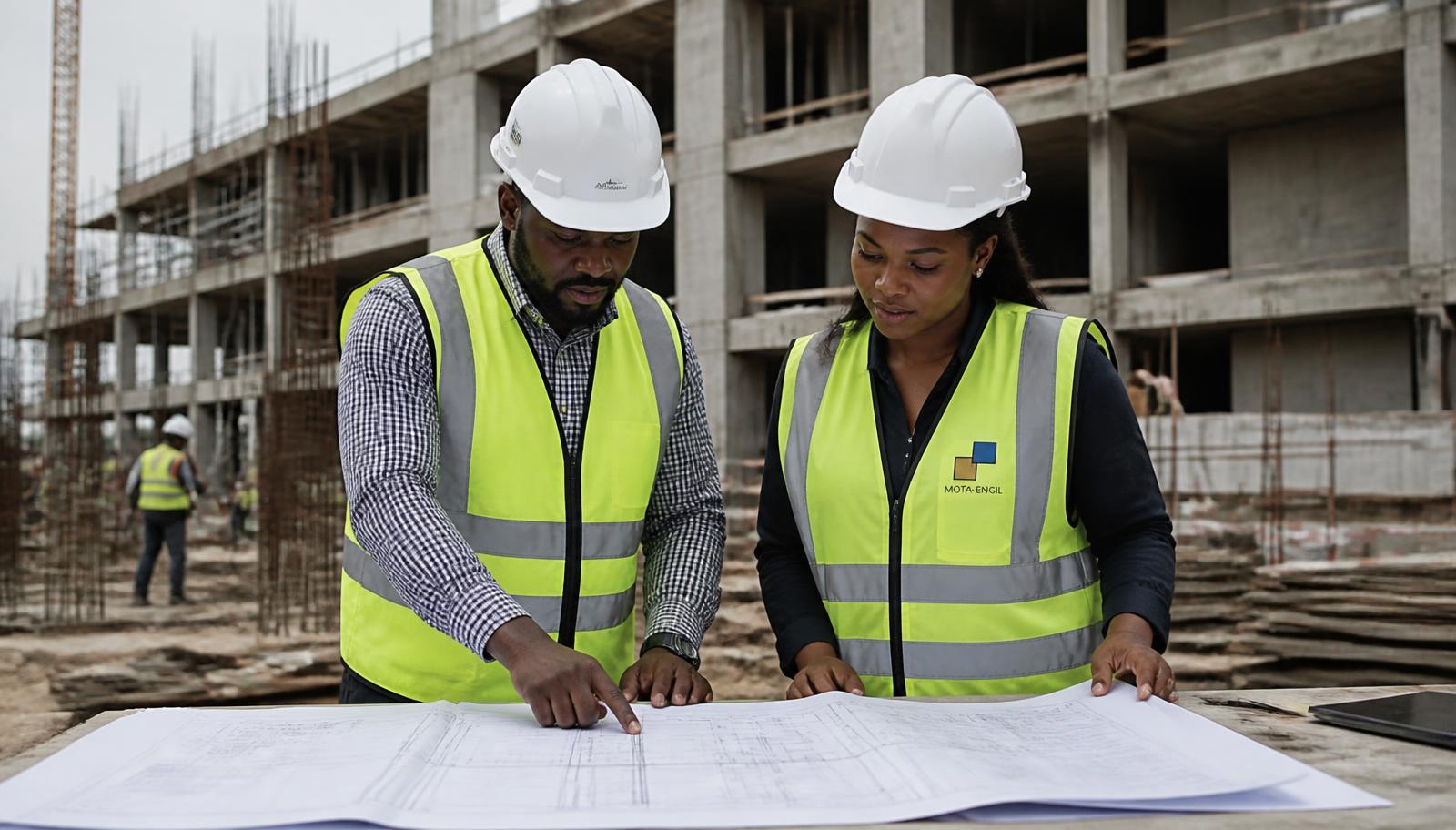 Site managers reviewing blueprints at a construction site
